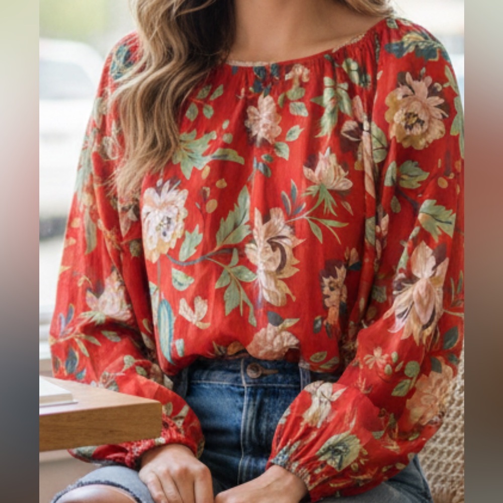 Anthropologie Red Floral Blouse